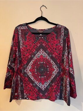 Multiples Red, Black and White Geometric Long Sleeve Top